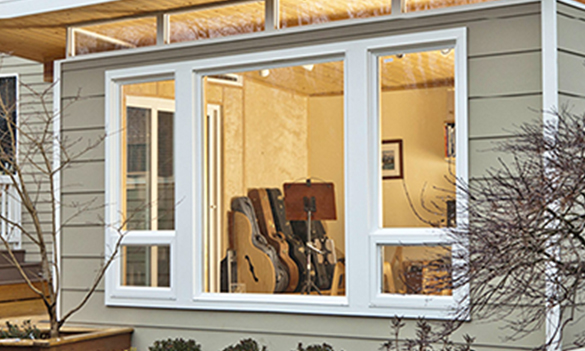 Modern shed window view with guitars inside