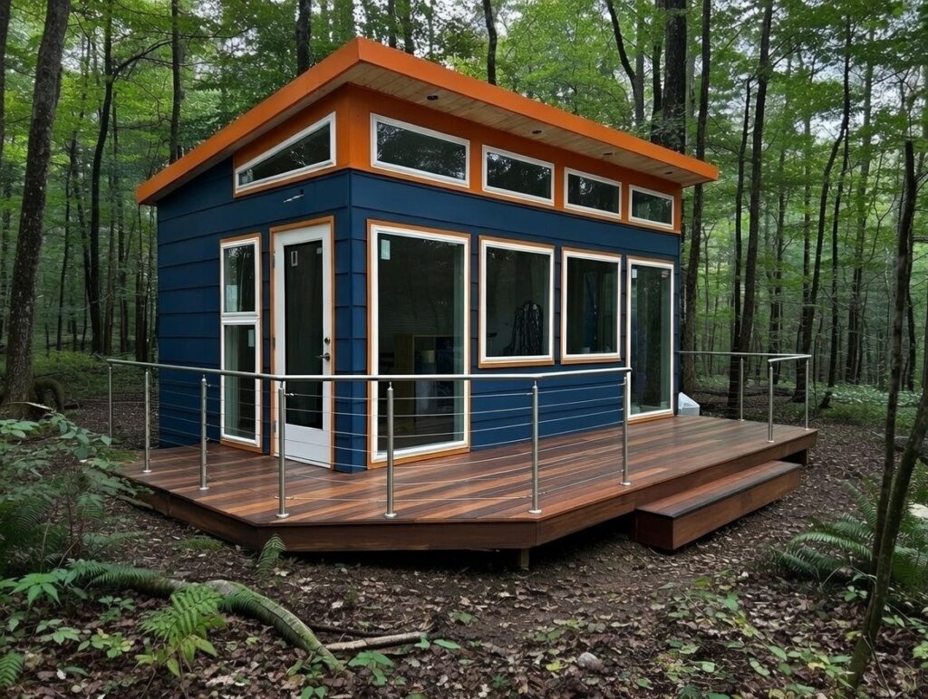 Blue and orange modern shed with wraparound deck in forest