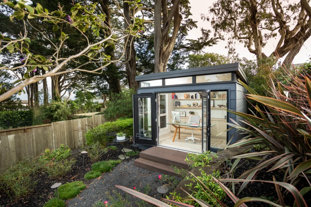 Compact garden office shed with open double doors