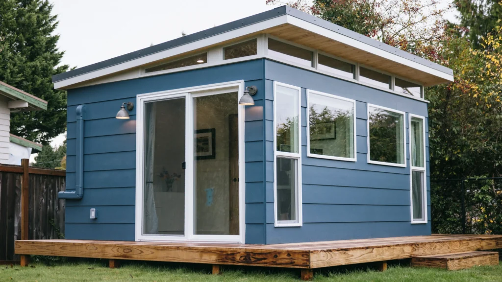 Blue prefab backyard office shed with wraparound deck